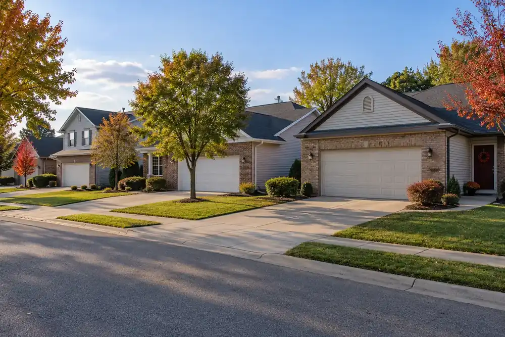 Brick and siding houses with attached garages and maple trees along a quiet street