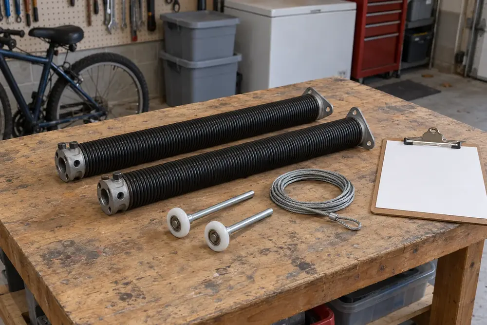 Torsion springs, nylon rollers and coiled lift cable beside a blank clipboard on a workbench.