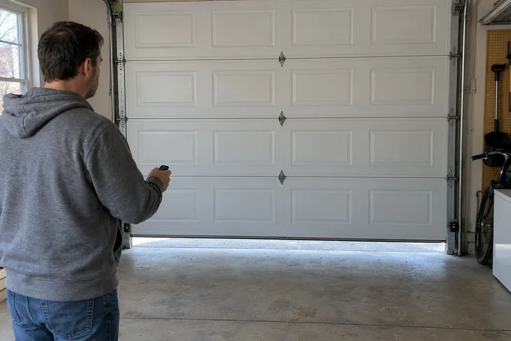 Homeowner inside the garage pointing a remote at a white garage door stopped inches above the floor