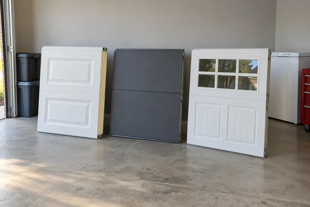 Three garage door section samples with raised panels, a flush finish, windows and exposed insulation.