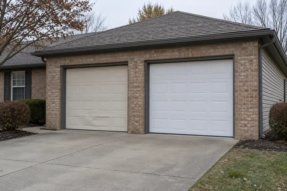Faded almond garage door with a dented lower section beside a newer white door on a brick home.