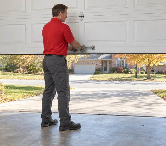 Technician in a red polo raising a white garage door by hand to waist height