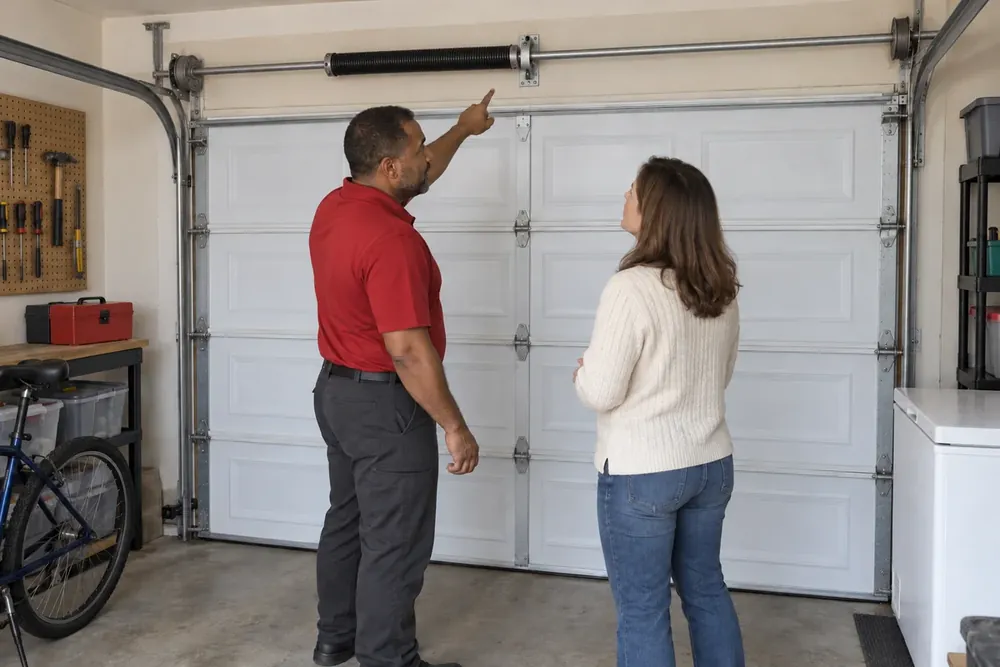 Technician pointing to a spring above a closed door while a homeowner listens