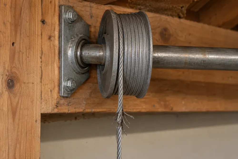 Frayed lift cable hanging from a cable drum beside its end bearing plate