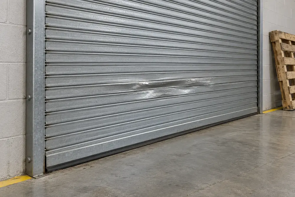 Bent galvanized slats above the bottom seal of a closed rolling steel door