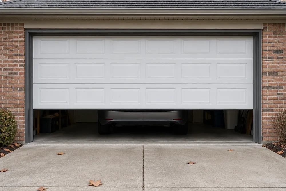 White raised-panel two-car garage door stopped about two feet open, with a gray car parked inside