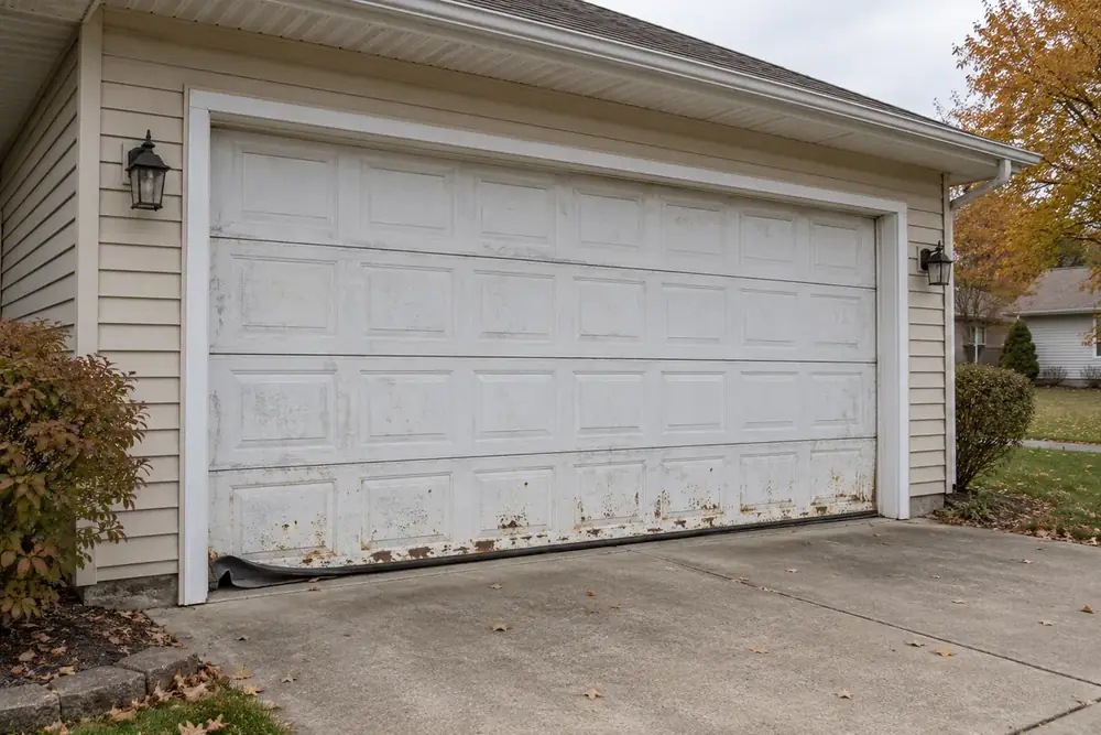 Worn white two-car garage door with chalky peeling paint, rust along the bottom and a torn seal