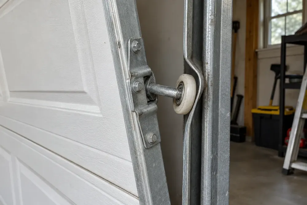 Garage door roller outside a bent vertical track beside a tilted door edge