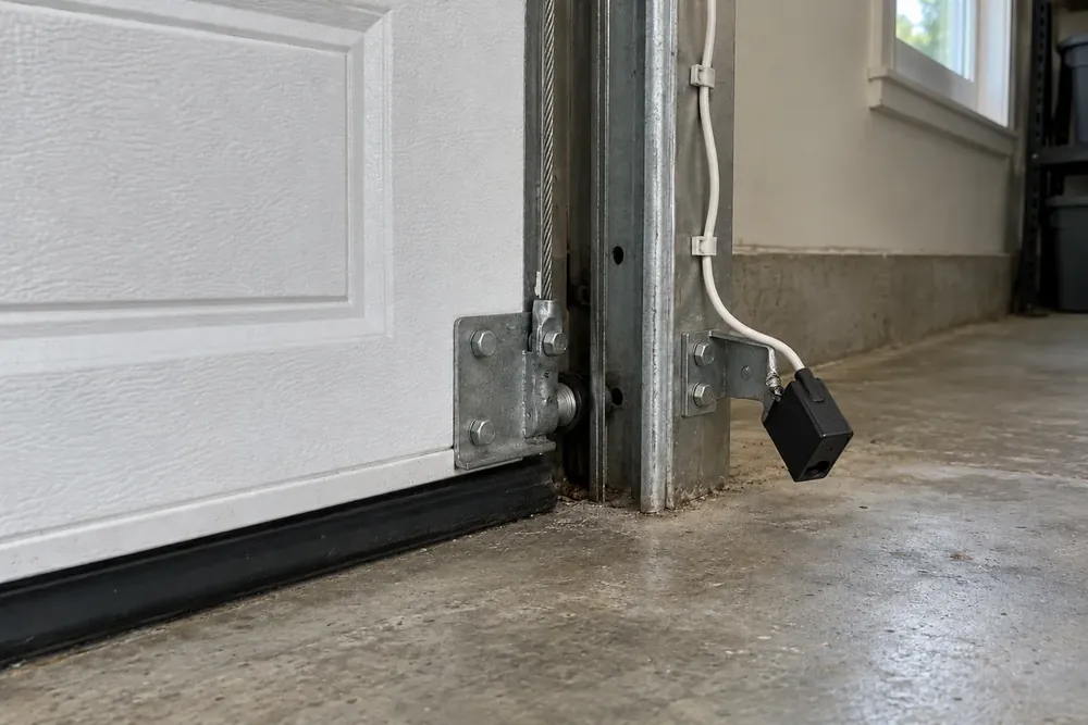 Garage door safety sensor hanging from a bent bracket on the track, pointing at the floor